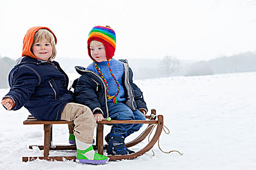 两个男孩,雪橇,雪地