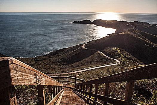 沿岸,楼梯,海洋,日落,旧金山,加利福尼亚,美国