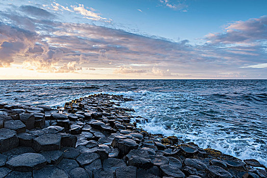 玄武岩,柱子,海岸,日落,巨人堤,安特里姆郡,北爱尔兰,英国,欧洲