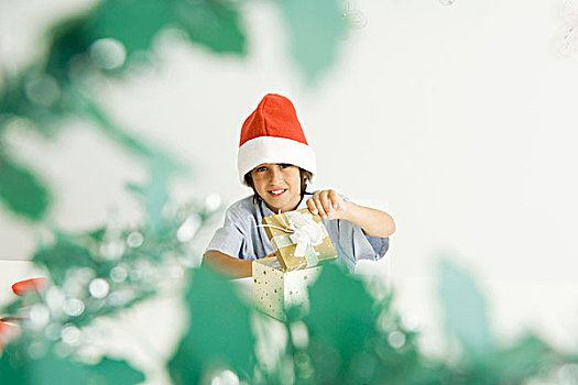 男孩,打开,圣诞礼物,穿,圣诞帽,看镜头,微笑