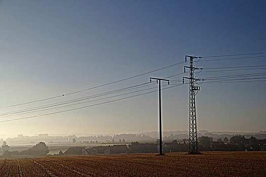 电力,高压电塔,早晨,斯瓦比亚,巴登符腾堡,德国,欧洲