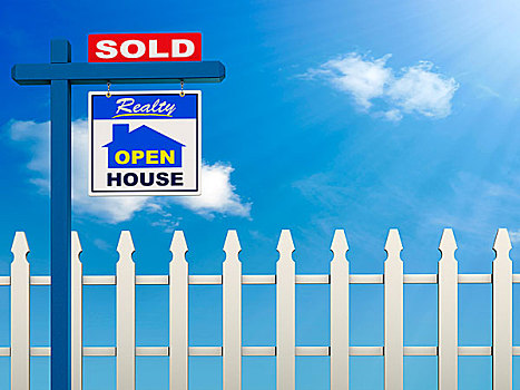 标识,展示,房子,售出,蓝天,白围栏,背景