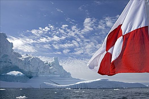 格陵兰,伊路利萨特,世界遗产,冰河,世界,巨大,冰山,海洋,正面,船,飞,旗帜