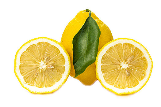 两片圆形的柠檬片和一个柠檬放置在白色的背景中