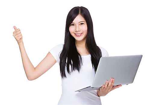 亚洲女性,笔记本电脑,竖大拇指