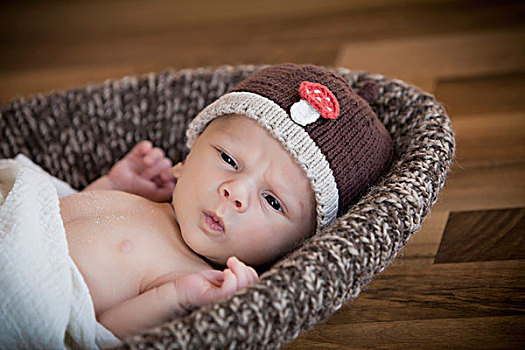 婴儿,3周,戴着,帽子,卧,篮子