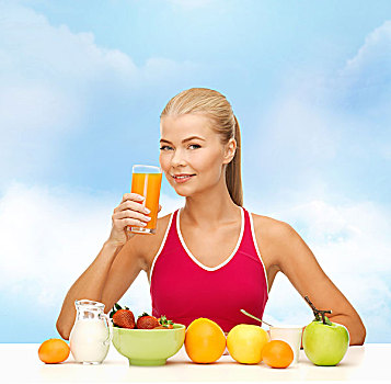 健身,节食,卫生保健,概念,微笑,少妇,健康,早餐,喝,橙汁