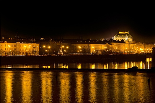布拉格,国家戏院,河,夜晚