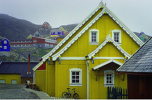 自行车,靠着,黄色,房子,格陵兰