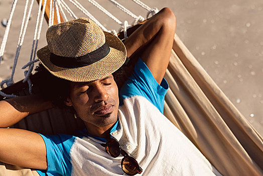 男人,帽子,睡觉,吊床,海滩