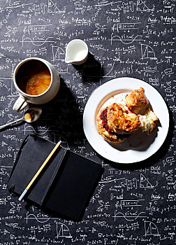 咖啡,早餐,饼干,树莓酱,黑板,背景,俯视