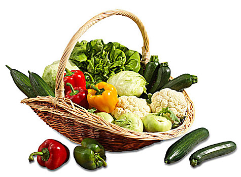 篮子,蔬菜,南,沙拉,撇蓝,黄瓜,红辣椒,西葫芦,留白