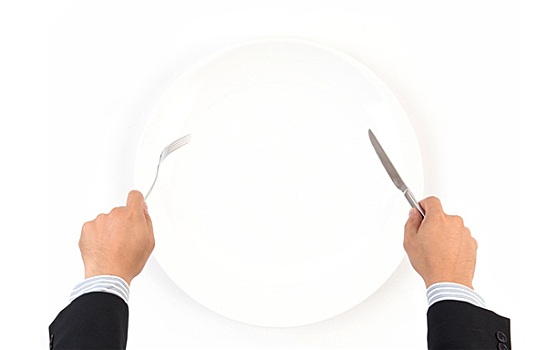 手,拿着,叉子,刀,白色,盘子