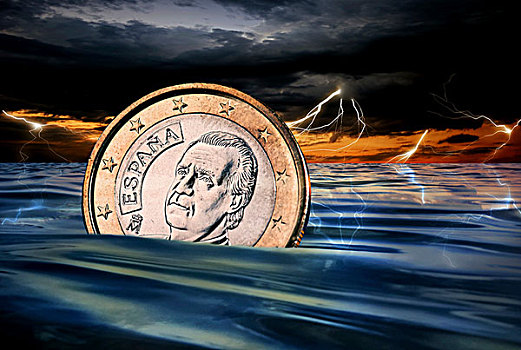 西班牙,1欧元,硬币,沉没,海中,雷暴