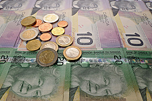 多样,加拿大,美元,货币,欧元,硬币,象征,图像,交换,比率