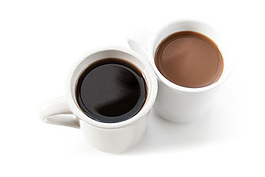 两个,杯子,满,咖啡,站立,桌子,影子