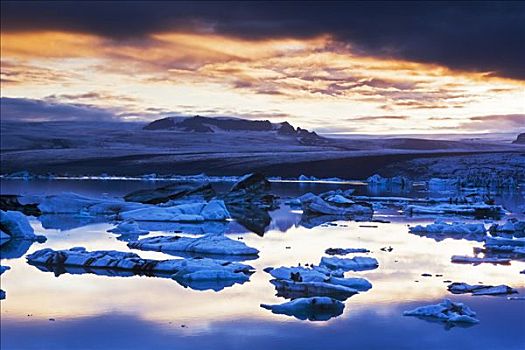 冰,泻湖,日落,杰古沙龙湖,冰岛