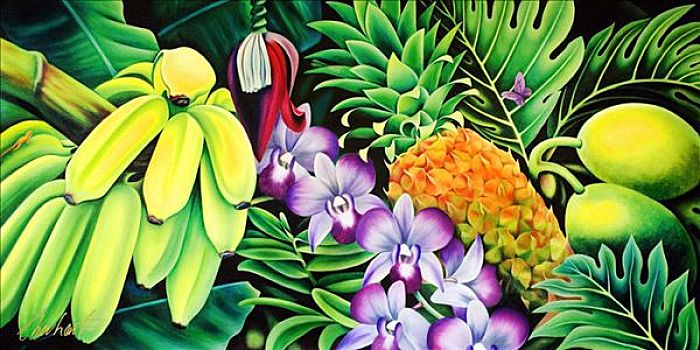 热带,大量,彩色,水果,安放,油画