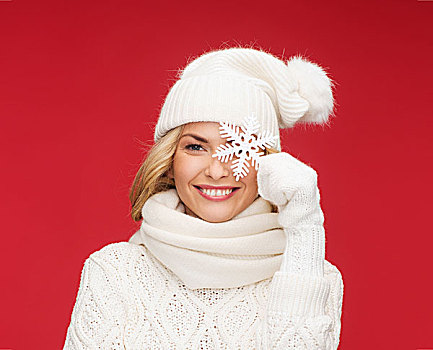 冬天,人,高兴,概念,女人,帽子,围巾,手套,大,雪花