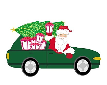 插画,圣诞老人,驾驶,汽车,圣诞礼物