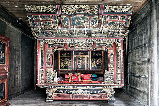 明清雕花木床,中国安徽省徽州区呈坎古村