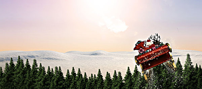 合成效果,图像,圣诞老人,飞,雪撬,冷杉,树林,雪,陆地