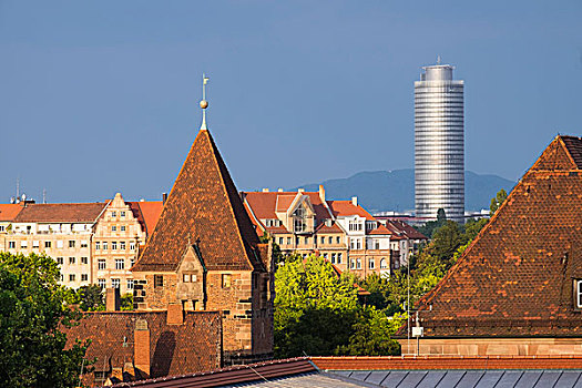 塔楼,商务,后面,历史,中心,纽伦堡,中间,弗兰克尼亚,巴伐利亚,德国,欧洲