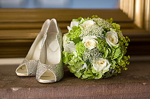 婚礼,鞋,花,花束
