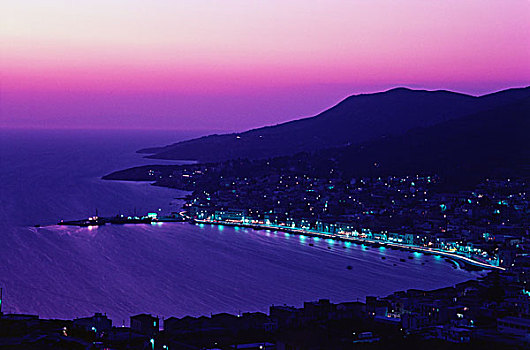 俯拍,城市,夜晚,萨摩斯岛,希腊