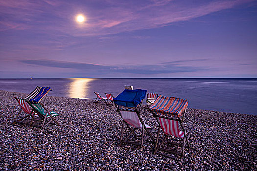 折叠躺椅,海滩,月光