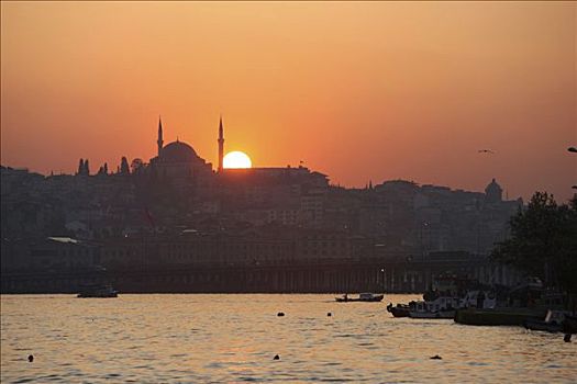 日落,上方,金角湾,剪影,清真寺,伊斯坦布尔,土耳其