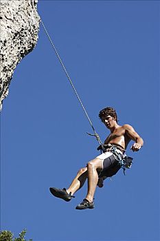 男人,登山绳降,上奥地利州,奥地利,欧洲