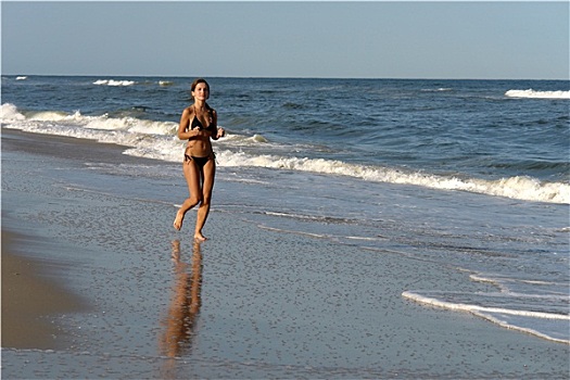 美女,跑,海滩