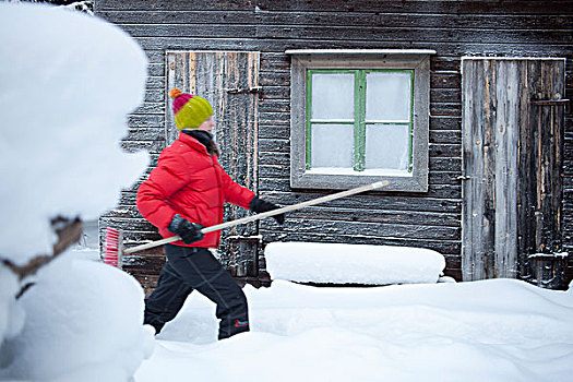 男人,扫帚,雪,小路