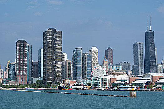 伊利诺斯,密歇根湖,芝加哥,海军码头,城市天际线,远景,约翰-汉考克大厦