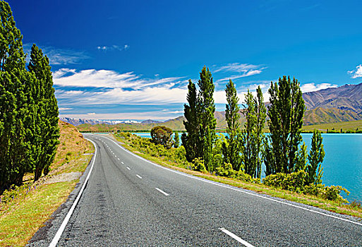 山景,湖,道路,新西兰