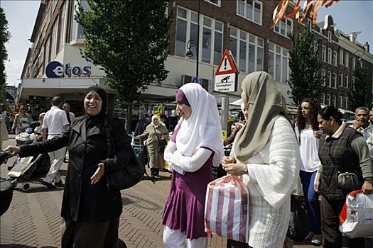 女人,穿,头巾,多元文化,街边市场,集市,阿姆斯特丹,荷兰,欧洲