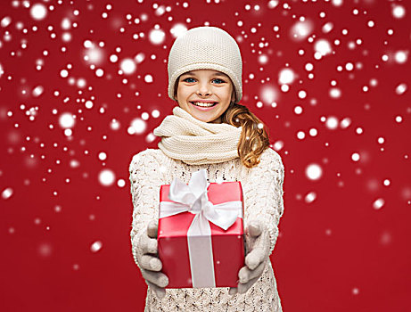 圣诞节,冬天,高兴,概念,微笑,女孩,帽子,围巾,手套,礼盒