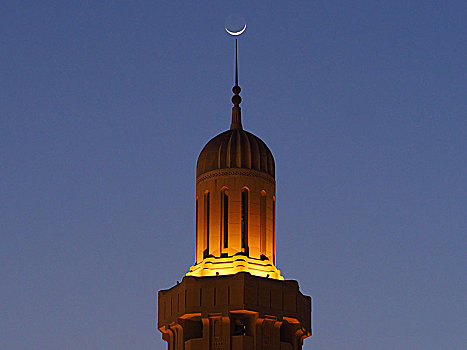 新月,上方,光亮,尖塔,苏丹,清真寺,马斯喀特,阿曼,亚洲