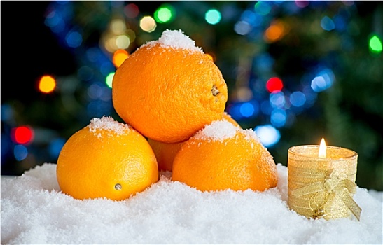 三个,橘子,雪地,圣诞装饰