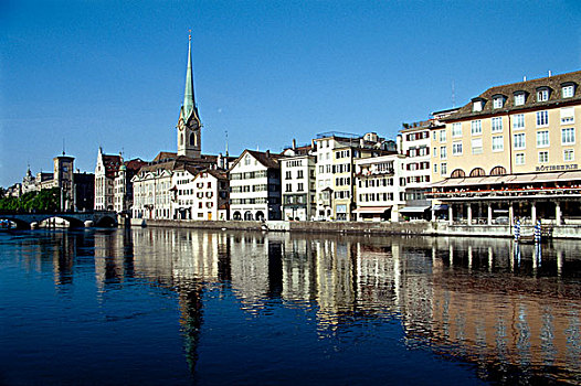 瑞士,苏黎世,林马特河,码头,教堂