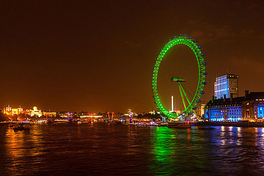 夜景,伦敦眼,绿色,泰晤士河,伦敦,英格兰,英国,欧洲