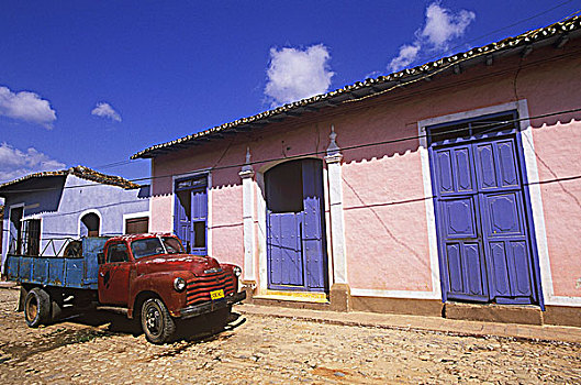 古巴,特立尼达,工作,卡车,粉色,建筑,蓝色,门