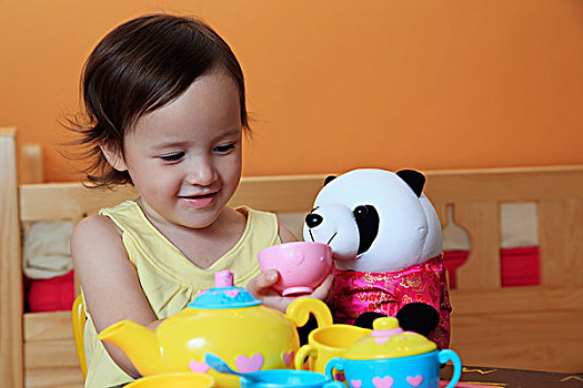 女孩,茶会,玩具,熊猫