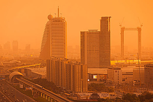 阿联酋,迪拜,市区,高层建筑,建筑,道路,俯视图,日出