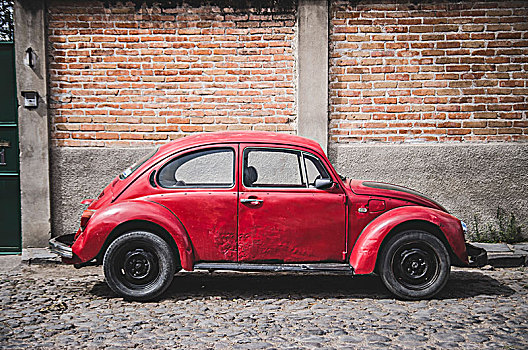 老,红色,大众甲壳虫,石头,街道,圣米格尔,瓜纳华托,墨西哥,汽车,大众汽车,运输
