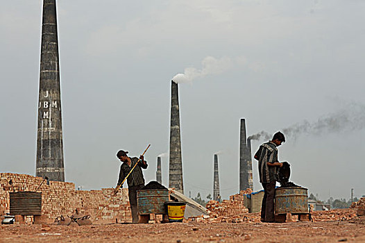 工人,倒出,煤,砖,窑,近郊,达卡,孟加拉,浓厚,黑烟,烟囱,姿势,严肃,威胁,环境,二月,2007年