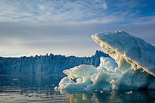 格陵兰,伊路利萨特,日落,子夜太阳,漂浮,冰山,蓝色,冰,脸,冰河,迪斯科湾,夏天,晚间