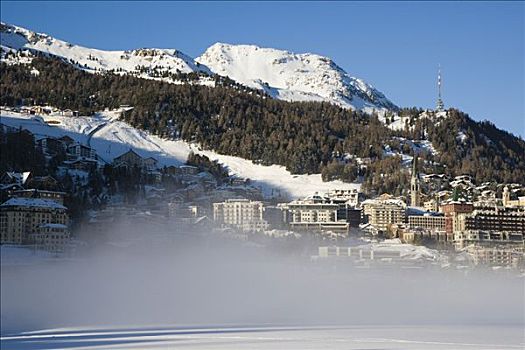 全景,乡村,湖,冬天,山峦,阿尔卑斯山,瑞士