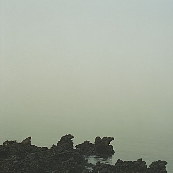 孤单,崎岖,红色,海洋,海岸线,怪诞,石头,雾状,安静,水,背景,西奈,埃及,2004年